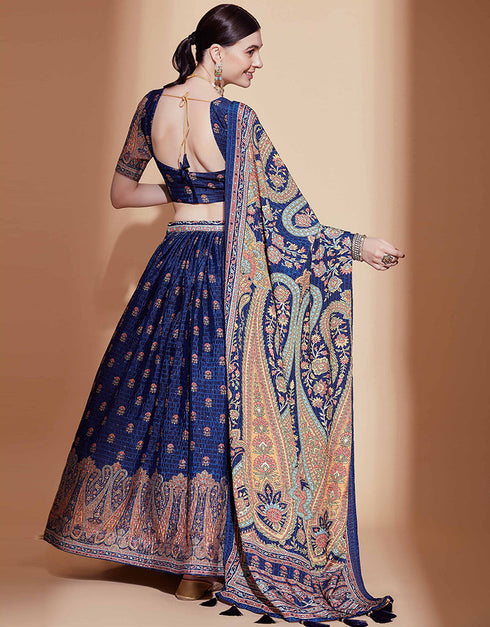 Party Wear Chinon Heavy Lehenga Choli Collection Blue Chinon Lehenga Choli Back View