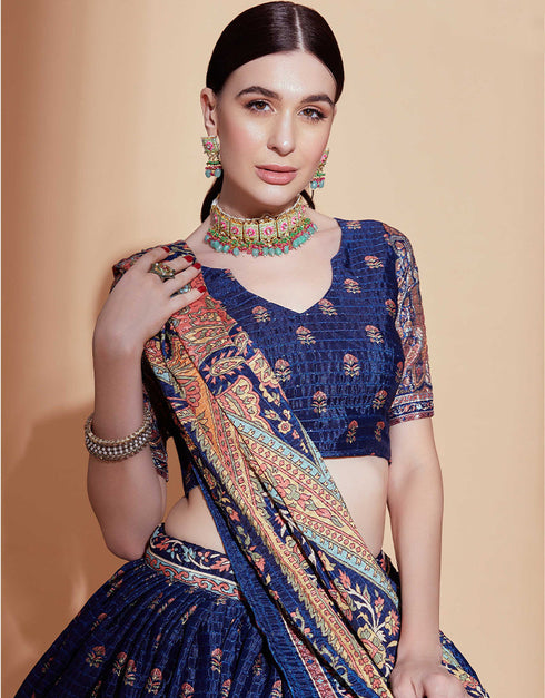 Party Wear Chinon Heavy Lehenga Choli Collection Blue Chinon Lehenga Choli Front View