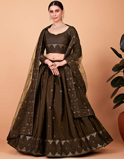 Desugner Party Wear Tabby Silk Lehenga Choli Collection Mehendi Tebi Silk Lehenga Choli Close-up View