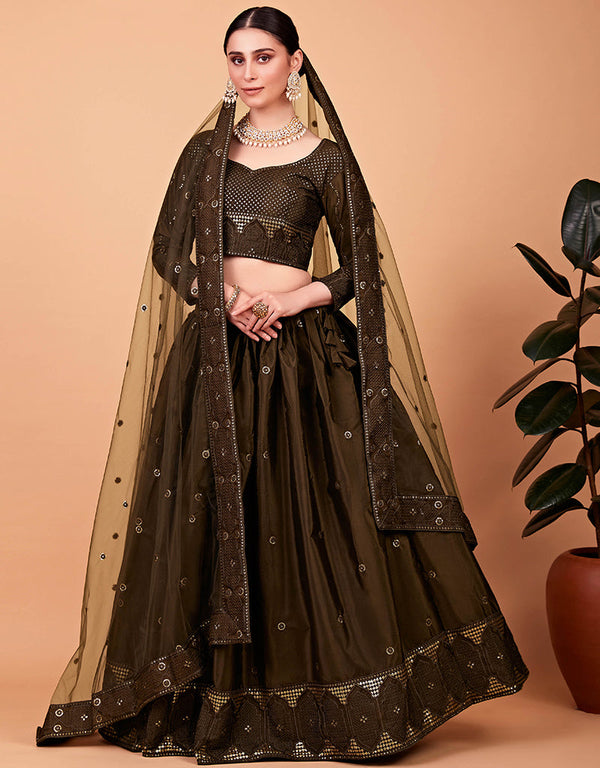 Desugner Party Wear Tabby Silk Lehenga Choli Collection Mehendi Tebi Silk Lehenga Choli Front View