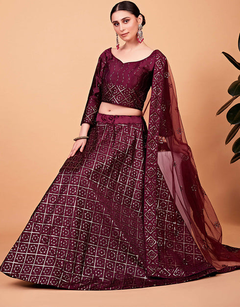 Desugner Party Wear Tabby Silk Lehenga Choli Collection Burgundy Tebi Silk Lehenga Choli Close-up View