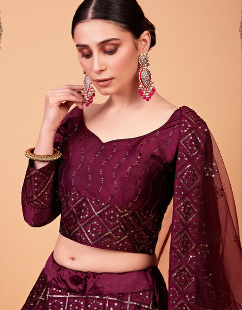 Desugner Party Wear Tabby Silk Lehenga Choli Collection Burgundy Tebi Silk Lehenga Choli Front View