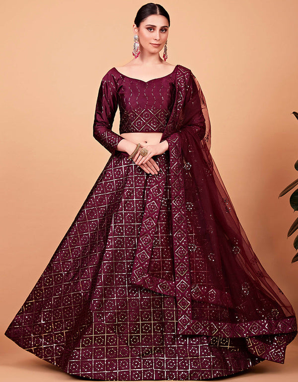 Desugner Party Wear Tabby Silk Lehenga Choli Collection Burgundy Tebi Silk Lehenga Choli Front View