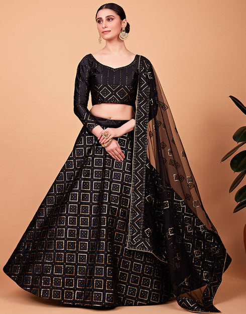 Desugner Party Wear Tabby Silk Lehenga Choli Collection Black Tebi Silk Lehenga Choli Close-up View