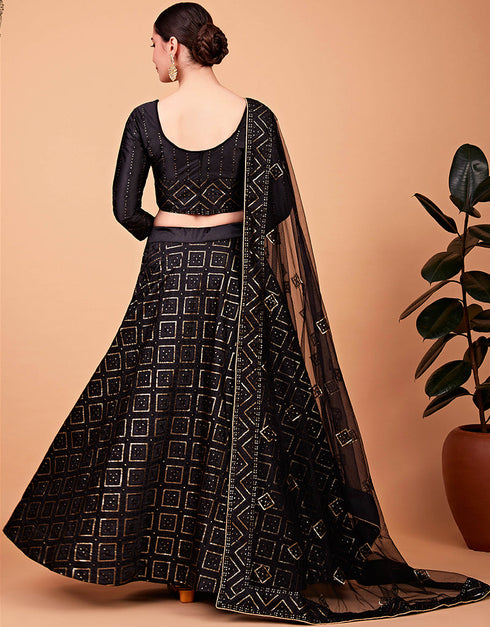 Desugner Party Wear Tabby Silk Lehenga Choli Collection Black Tebi Silk Lehenga Choli Back View