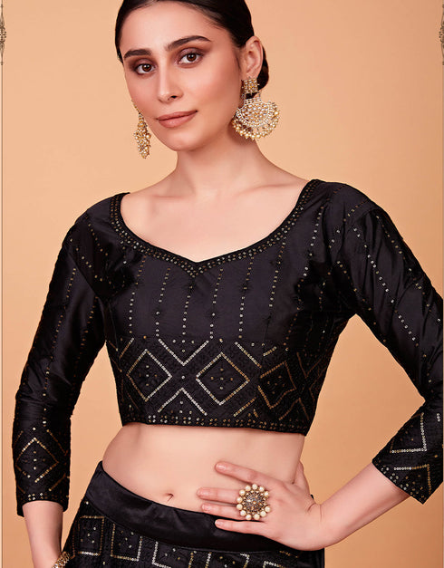Desugner Party Wear Tabby Silk Lehenga Choli Collection Black Tebi Silk Lehenga Choli Front View