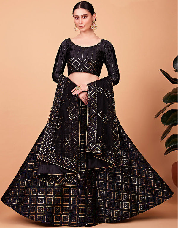 Desugner Party Wear Tabby Silk Lehenga Choli Collection Black Tebi Silk Lehenga Choli Front View