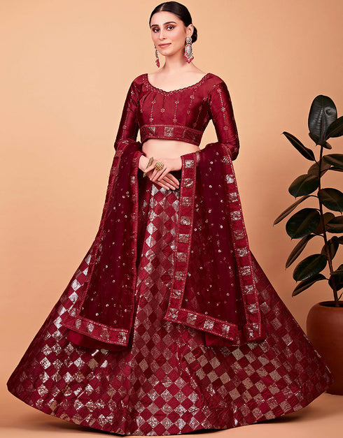 Desugner Party Wear Tabby Silk Lehenga Choli Collection Cherry Red Tebi Silk Lehenga Choli Close-up View
