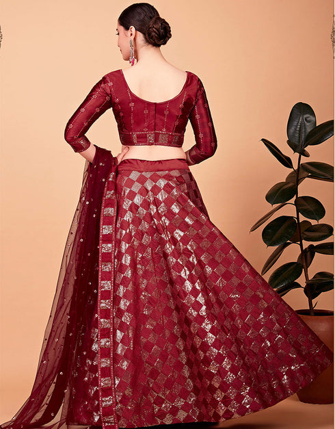 Desugner Party Wear Tabby Silk Lehenga Choli Collection Cherry Red Tebi Silk Lehenga Choli Back View