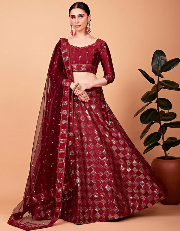 Desugner Party Wear Tabby Silk Lehenga Choli Collection Cherry Red Tebi Silk Lehenga Choli Front View