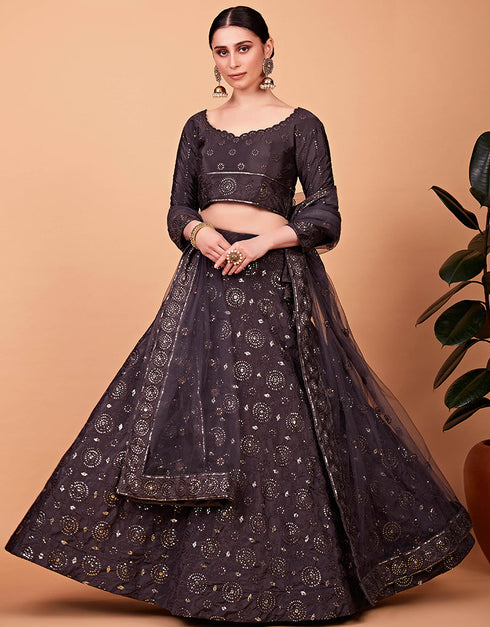 Desugner Party Wear Tabby Silk Lehenga Choli Collection Grey Tebi Silk Lehenga Choli Close-up View