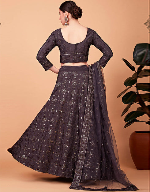 Desugner Party Wear Tabby Silk Lehenga Choli Collection Grey Tebi Silk Lehenga Choli Back View