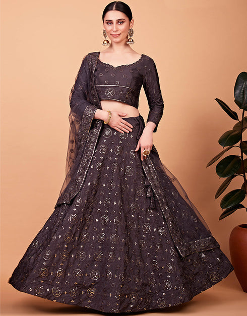Desugner Party Wear Tabby Silk Lehenga Choli Collection Grey Tebi Silk Lehenga Choli Front View
