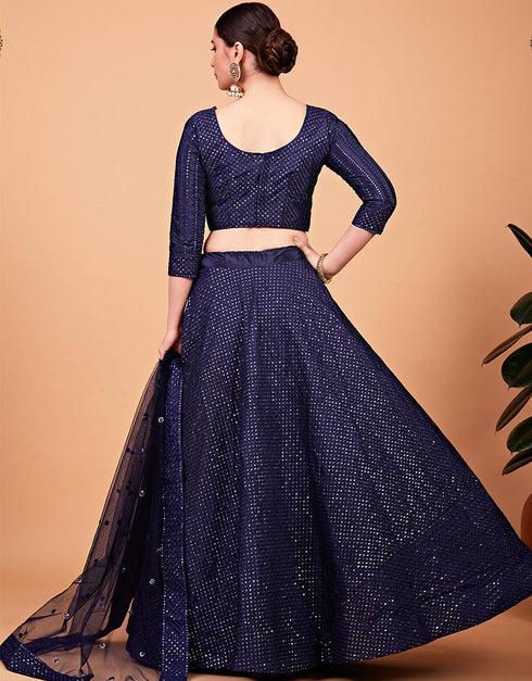 Desugner Party Wear Tabby Silk Lehenga Choli Collection Navy Blue Tebi Silk Lehenga Choli Back View