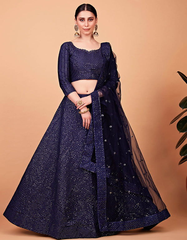 Desugner Party Wear Tabby Silk Lehenga Choli Collection Navy Blue Tebi Silk Lehenga Choli Front View