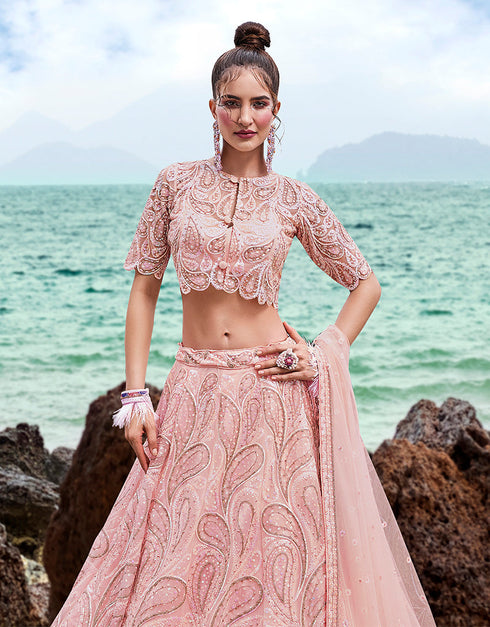 Designer Wedding Party Wear Heavy Lehenga Choli Collection Light Pink Net Lehenga Choli Close-up View