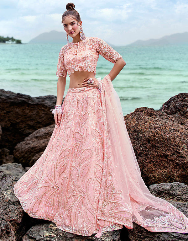Designer Wedding Party Wear Heavy Lehenga Choli Collection Light Pink Net Lehenga Choli Front View