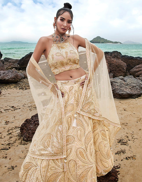 Designer Wedding Party Wear Heavy Lehenga Choli Collection Cream Net Lehenga Choli Close-up View