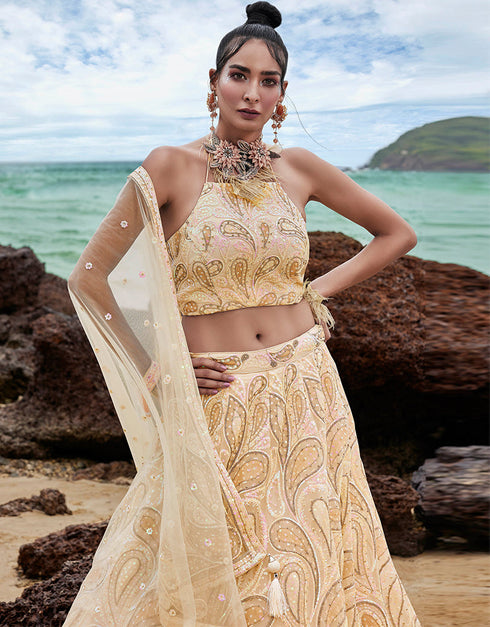 Designer Wedding Party Wear Heavy Lehenga Choli Collection Cream Net Lehenga Choli Back View