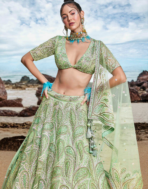 Designer Wedding Party Wear Heavy Lehenga Choli Collection Lime Green Net Lehenga Choli Front View