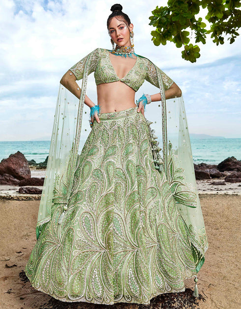 Designer Wedding Party Wear Heavy Lehenga Choli Collection Lime Green Net Lehenga Choli Front View