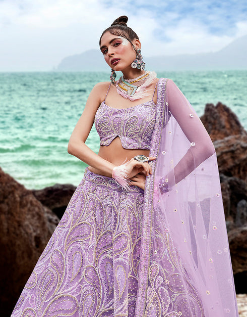 Designer Wedding Party Wear Heavy Lehenga Choli Collection Lavender Net Lehenga Choli Back View