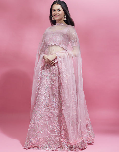 Designer Party Wear Heavy Lehenga Choli Collection Pink Net Lehenga Choli Close-up View