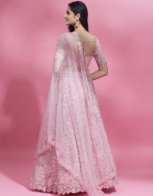 Designer Party Wear Heavy Lehenga Choli Collection Pink Net Lehenga Choli Back View