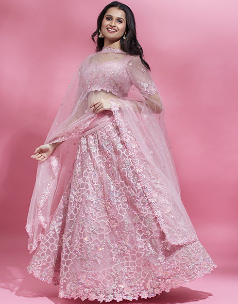 Designer Party Wear Heavy Lehenga Choli Collection Pink Net Lehenga Choli Front View