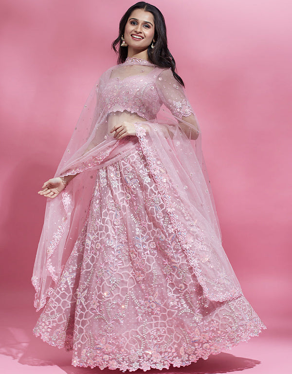 Designer Party Wear Heavy Lehenga Choli Collection Pink Net Lehenga Choli Front View