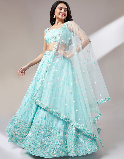 Designer Party Wear Heavy Lehenga Choli Collection Turquoise Blue Poly Georgette Lehenga Choli Close-up View