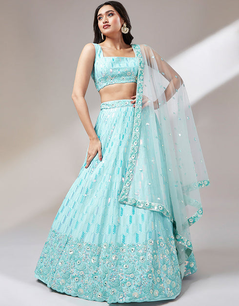 Designer Party Wear Heavy Lehenga Choli Collection Turquoise Blue Poly Georgette Lehenga Choli Front View