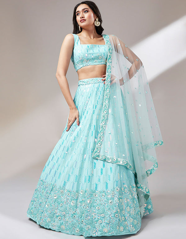 Designer Party Wear Heavy Lehenga Choli Collection Turquoise Blue Poly Georgette Lehenga Choli Front View