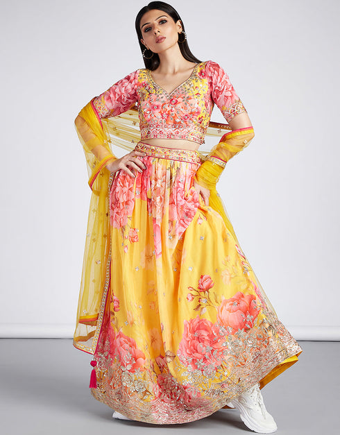 Designer Party Wear Heavy Lehenga Choli Collection Multi Organza Lehenga Choli Close-up View