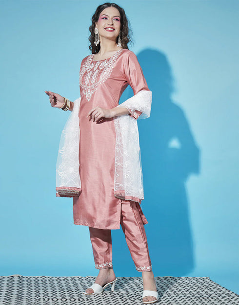 Designer Party Wear Silk Blend Readymade Suit Collection Peach Silk Blend Pant Straight Close-up View
