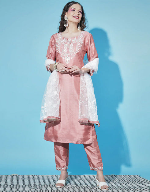 Designer Party Wear Silk Blend Readymade Suit Collection Peach Silk Blend Pant Straight Front View
