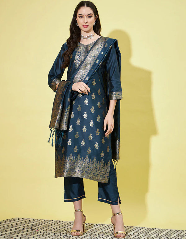 Traditional Function Wear Cotton Silk Readymade Suit Collection Blue Cotton Silk Jacquard Pant Straight Front View