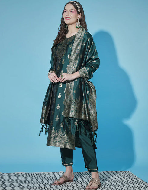 Traditional Function Wear Cotton Silk Readymade Suit Collection Green Cotton Silk Jacquard Pant Straight Close-up View