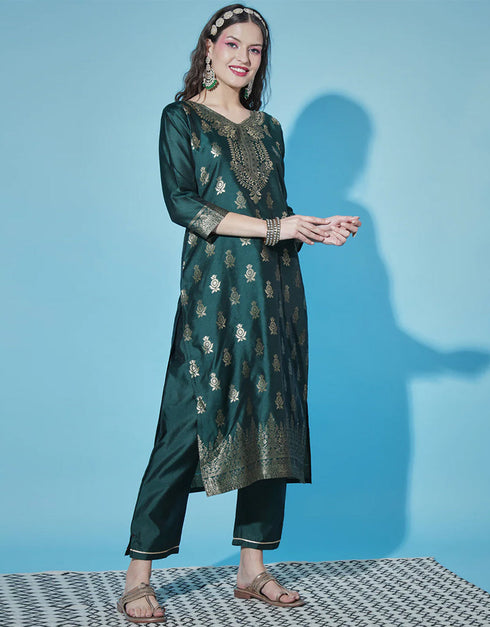 Traditional Function Wear Cotton Silk Readymade Suit Collection Green Cotton Silk Jacquard Pant Straight Back View