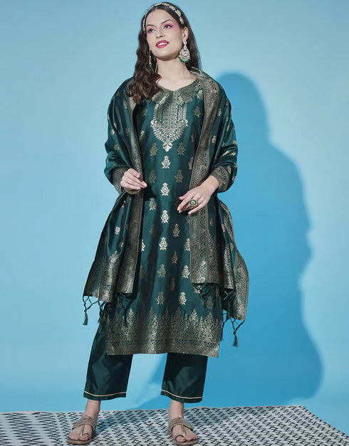 Traditional Function Wear Cotton Silk Readymade Suit Collection Green Cotton Silk Jacquard Pant Straight Front View