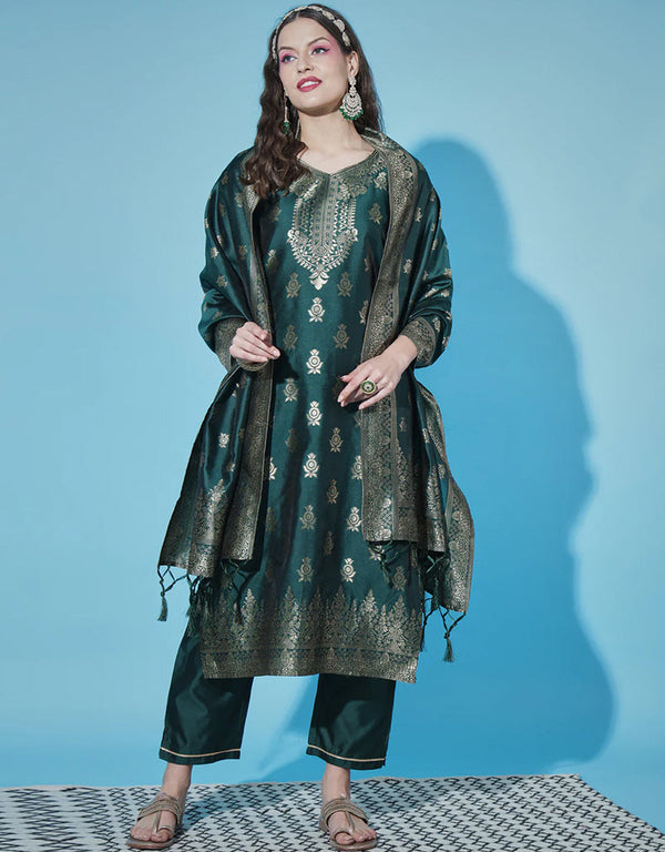 Traditional Function Wear Cotton Silk Readymade Suit Collection Green Cotton Silk Jacquard Pant Straight Front View