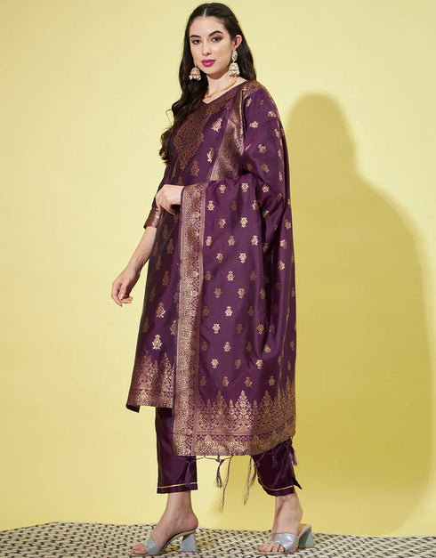 Traditional Function Wear Cotton Silk Readymade Suit Collection Purple Cotton Silk Jacquard Pant Straight Close-up View