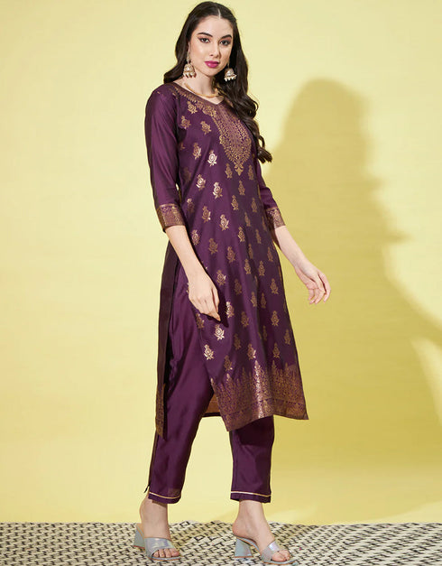 Traditional Function Wear Cotton Silk Readymade Suit Collection Purple Cotton Silk Jacquard Pant Straight Back View