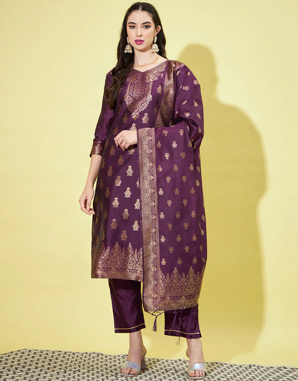 Traditional Function Wear Cotton Silk Readymade Suit Collection Purple Cotton Silk Jacquard Pant Straight Front View