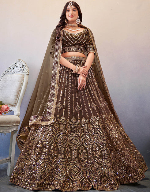 Treding Wedding Wear Heavy Lehenga Choli Collection Brown Slub Georgette Lehenga Choli Front View