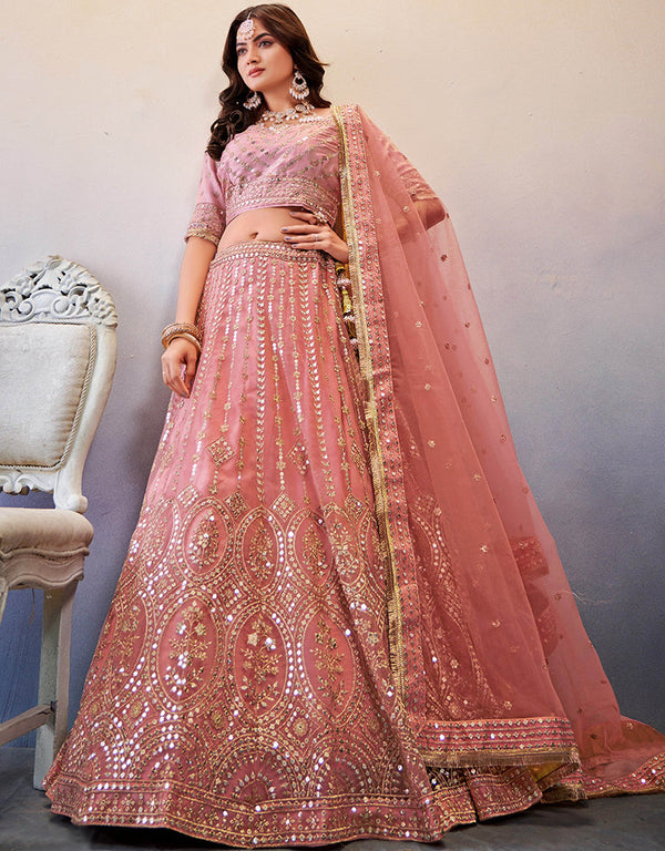 Treding Wedding Wear Heavy Lehenga Choli Collection Peach Slub Georgette Lehenga Choli Front View