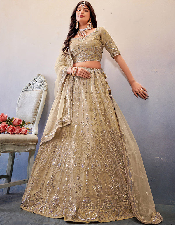 Treding Wedding Wear Heavy Lehenga Choli Collection Dark Cream Slub Georgette Lehenga Choli Front View