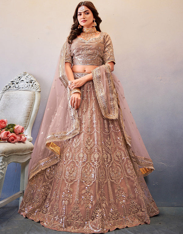 Treding Wedding Wear Heavy Lehenga Choli Collection Light Mauve Slub Georgette Lehenga Choli Front View