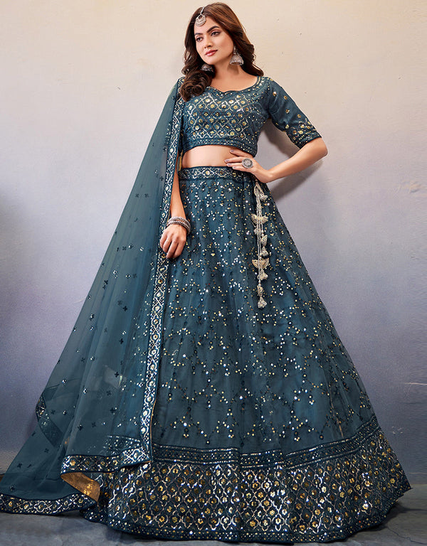 Treding Wedding Wear Heavy Lehenga Choli Collection Teal Blue Slub Georgette Lehenga Choli Front View