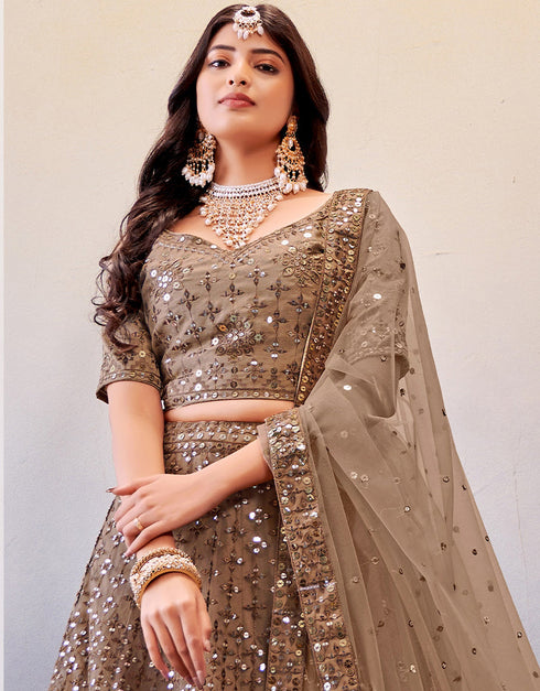 Treding Wedding Wear Heavy Lehenga Choli Collection Light Brown Slub Georgette Lehenga Choli Close-up View